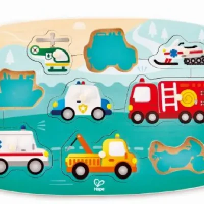 Hape Happy Puzzles Ξύλινο Παζλ Οχήματα Emergency Peg