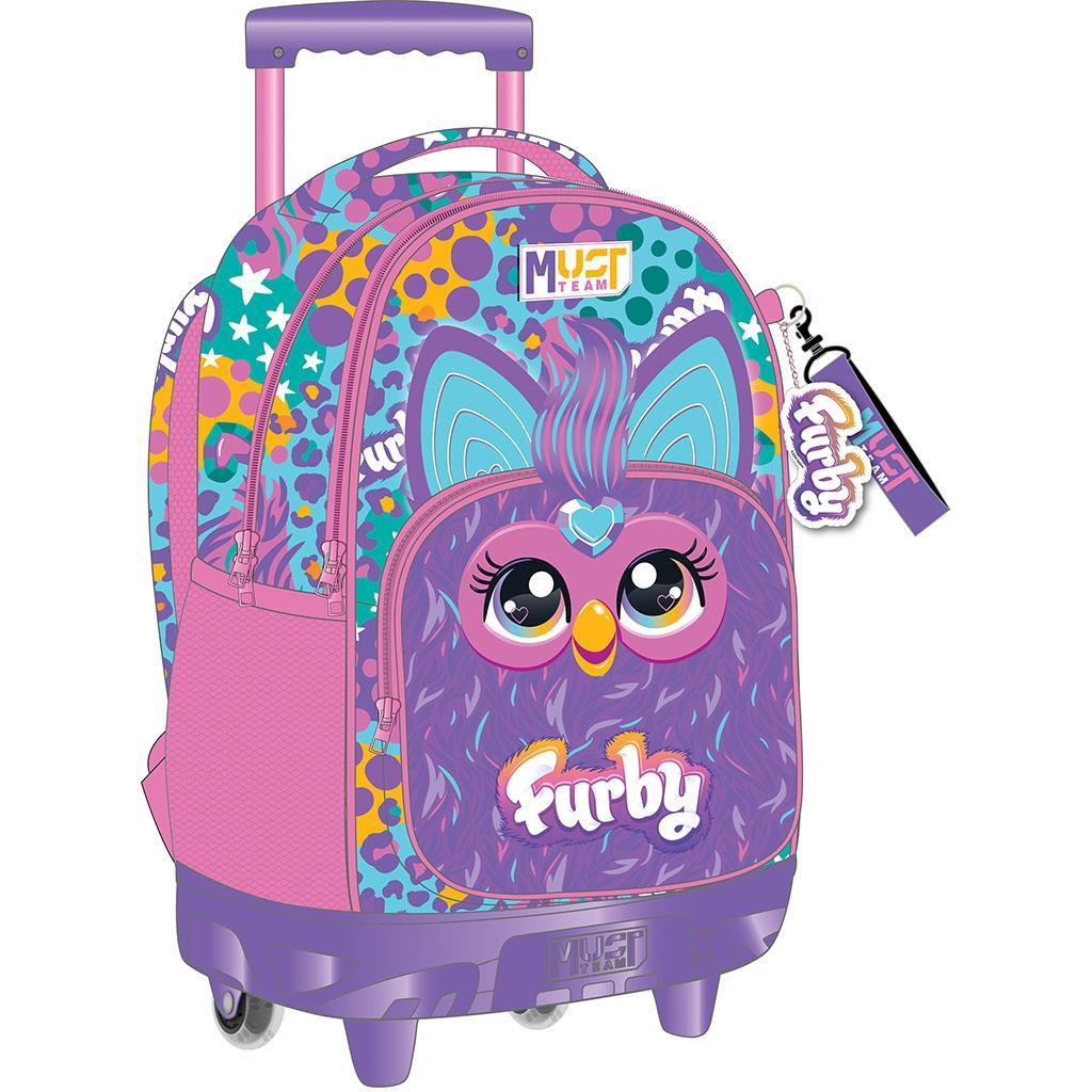 Μωβ σχολική τσάντα τρόλεϊ Furby με ροζ και γαλάζιες λεπτομέρειες για το δημοτικό