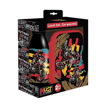 Σετ φαγητού Must Team με μοτοσυκλέτα που περιλαμβάνει κόκκινο φαγητοδοχείο και μαύρο παγούρι αλουμινίου.